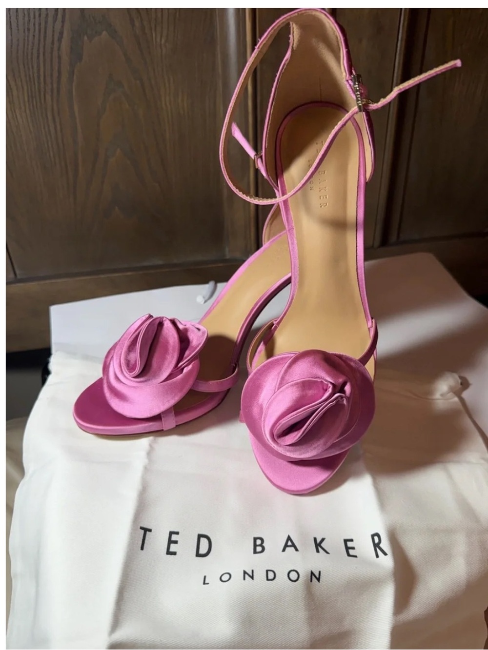 Ted Baker Pink Satin Rosette Stiletto Heels – Size 8 & 7.5